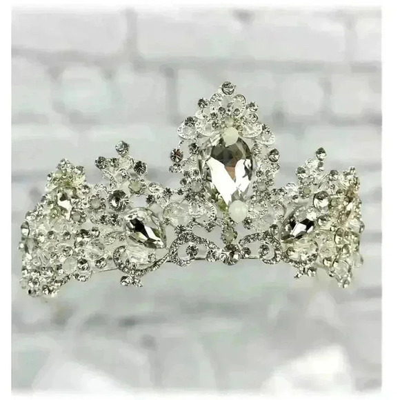 Clear Rhinestone Silver Tone Metal Tiara Crown Pearl Beaded Floral - Picture 7 of 16